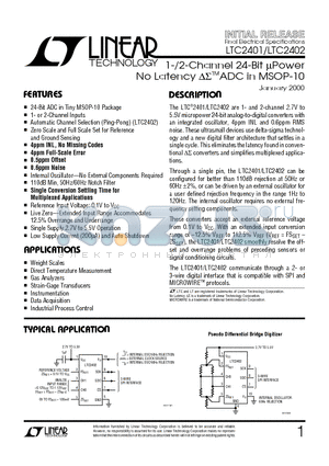 LTC2401 datasheet - 1-/2-Channel 24-Bit uPower No Latency ADC in MSOP-10