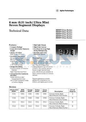 HDSP-U1XX datasheet - 8 mm (0.31 inch) Ultra Mini Seven Segment Displays