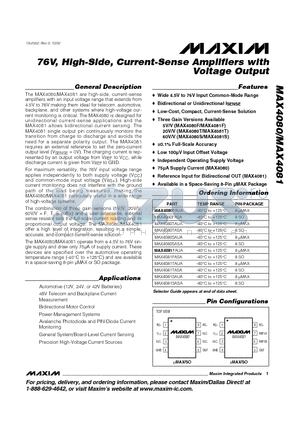 MAX4080 datasheet - 76V, High-Side, Current-Sense Amplifiers with Voltage Output