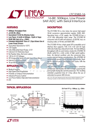 LTC2382HMS-16PBF datasheet - 16-Bit, 500ksps, Low Power SAR ADC with Serial Interface