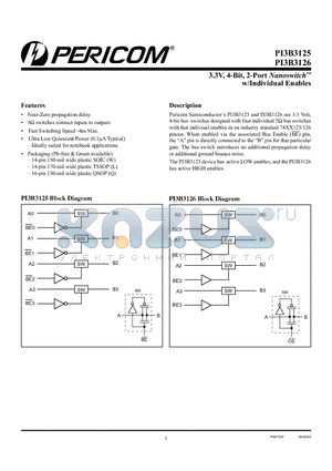 PI3B3125WE datasheet - 3.3V, 4-Bit, 2-Port Nanoswitch w/Individual Enables