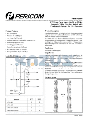 PI3B32160 datasheet - 3.3V, Low Capacitance 16-Bit to 32-Bit Demux PCI Hot Plug Bus Switch with Precharged Outputs for Live Insertion