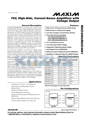 MAX4080FAUA datasheet - 76V, High-Side, Current-Sense Amplifiers with Voltage Output