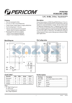 PI3B32384LE datasheet - 3.3V, 10-Bit, 2-Port, NanoSwitch