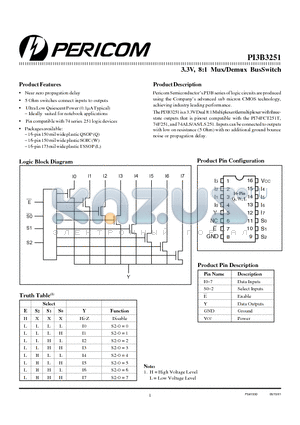 PI3B3251L datasheet - 3.3V 8:1  MUX /DEMUX BUS SWITCH