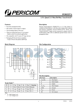 PI3B3257A datasheet - 3.3V, Quad 2:1 Mux/DeMux NanoSwitch