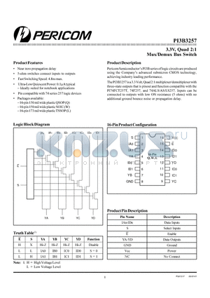 PI3B3257L datasheet - 3.3V, Quad 2:1 Mux/Demux Bus Switch