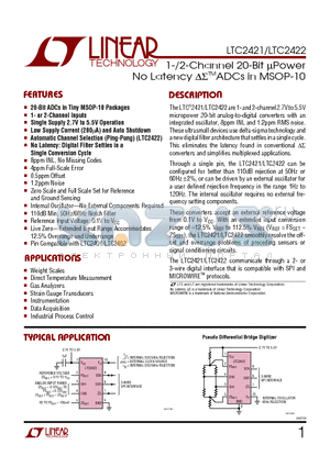 LTC2421CMS datasheet - 1-/2-Channel 20-Bit UPower No Latency ADCs in MSOP-10
