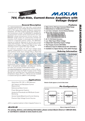 MAX4081TASA+ datasheet - 76V, High-Side, Current-Sense Amplifiers with Voltage Output