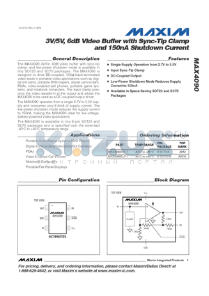 MAX4090 datasheet - 3V/5V, 6dB Video Buffer with Sync-Tip Clamp and 150nA Shutdown Current