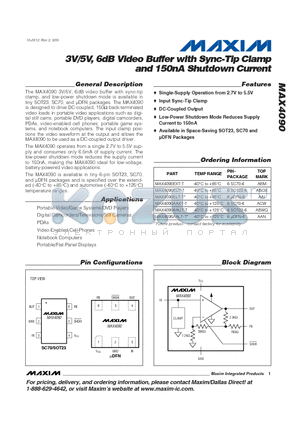 MAX4090 datasheet - 3V/5V, 6dB Video Buffer with Sync-Tip Clamp and 150nA Shutdown Current