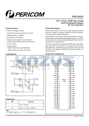 PI3C16215 datasheet - 3.3V, 2-Port, 20-Bit Bus Switch with Precharged Outputs for Live Insertion