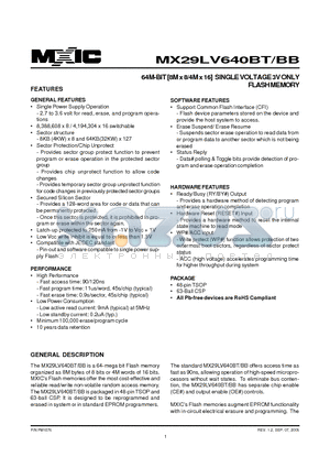 MX29LV640BB datasheet - 64M-BIT [8M x 8/4M x 16] SINGLE VOLTAGE 3V ONLY FLASH MEMORY