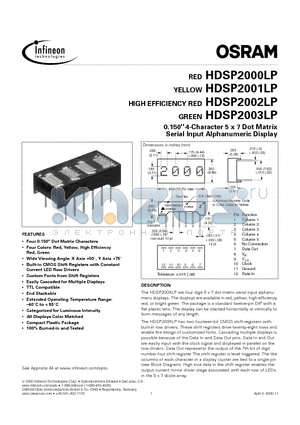 HDSP2000LP datasheet - 0.150 4-Character 5 x 7 Dot Matrix Serial Input Alphanumeric Display