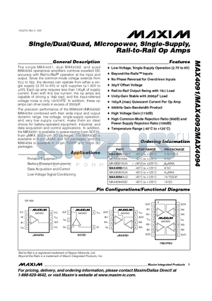 MAX4094ASD datasheet - Single/Dual/Quad, Micropower, Single-Supply, Rail-to-Rail Op Amps