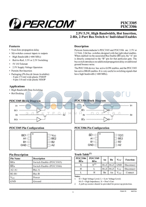 PI3C3305U datasheet - 2.5V/3.3V, High Bandwidth, Hot Insertion, 2-Bit, 2-Port Bus Switch w/ Individual Enables