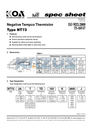 NT731JTTD103J3800J datasheet - Negative Tempco Thermistor