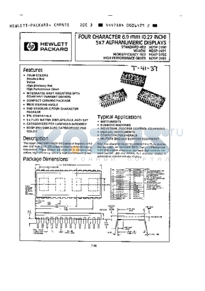 HDSP2490 datasheet - FOUR CHARACTER 6.9mm (0.27 INCH) 5 x 7 ALPHANUMERIC DISPLAYS