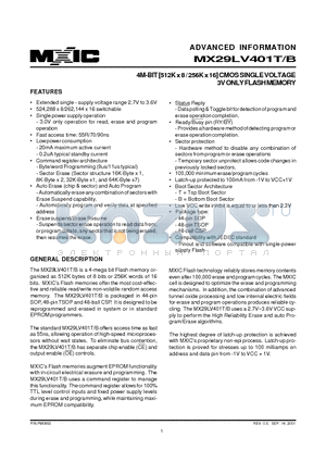 MX29LV401TMI-70 datasheet - 4M-BIT [512K x 8 / 256K x 16] CMOS SINGLE VOLTAGE 3V ONLY FLASH MEMORY