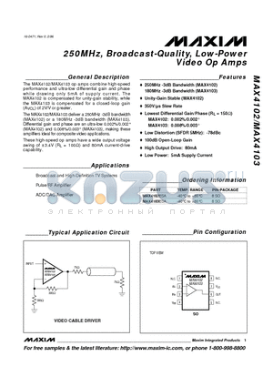 MAX4102 datasheet - 250MHz, Broadcast-Quality, Low-Power Video Op Amps