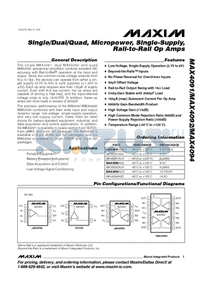 MAX4094 datasheet - Single/Dual/Quad, Micropower, Single-Supply, Rail-to-Rail Op Amps