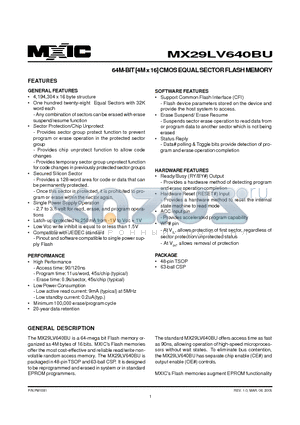 MX29LV640BUTI-90G datasheet - 64M-BIT [4M x 16] CMOS EQUAL SECTOR FLASH MEMORY