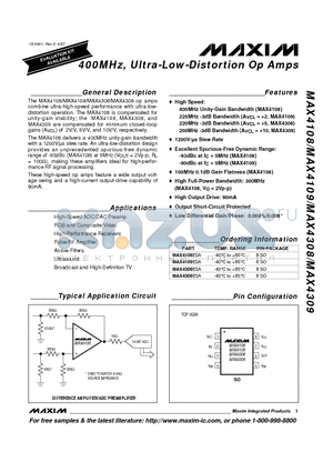 MAX4109ESA datasheet - 400MHz, Ultra-Low-Distortion Op Amps