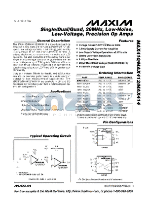 MAX410BEPA datasheet - Single/Dual/Quad, 28MHz, Low-Noise, Low-Voltage, Precision Op Amps