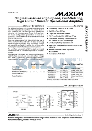 MAX408 datasheet - Single/Dual/Quad High-Speed, Fast-Settling, High Output Current Operational Amplifier