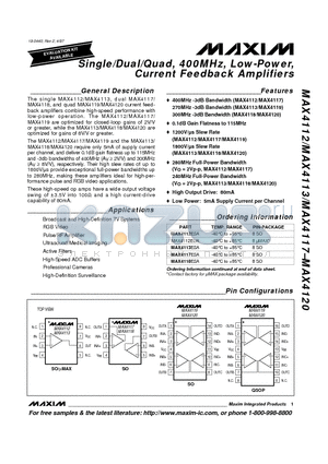 MAX4117 datasheet - Single/Dual/Quad, 400MHz, Low-Power, Current Feedback Amplifiers