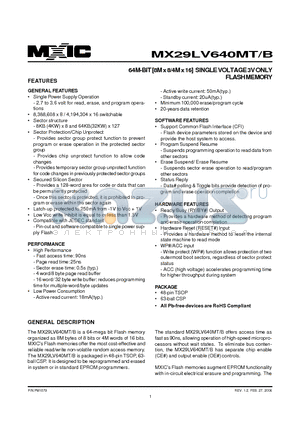 MX29LV640MBXBC-90 datasheet - 64M-BIT [8M x 8/4M x 16] SINGLE VOLTAGE 3V ONLY FLASH MEMORY