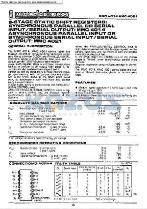 MMC4021 datasheet - S-STAGE STATIC SHIFT REGISTERS