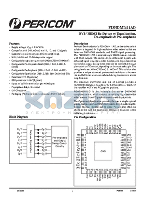 PI3HDMI411AD datasheet - DVI / HDMI Re-Driver w/ Equalization, De-emphasis & Pre-emphasis