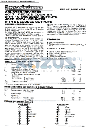 MMC4017 datasheet - COUNTER/ DIVIDERS : 4017 DECADE COUNTER WITH 10 DECODED OUTPUTS