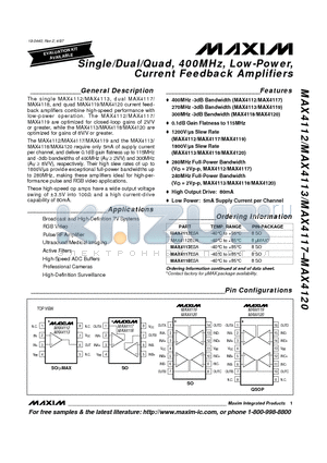 MAX4120EEE datasheet - Single/Dual/Quad, 400MHz, Low-Power, Current Feedback Amplifiers