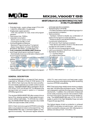 MX29LV800BBMC-70 datasheet - 8M-BIT [1Mx8/512K x16] CMOS SINGLE VOLTAGE 3V ONLY FLASH MEMORY