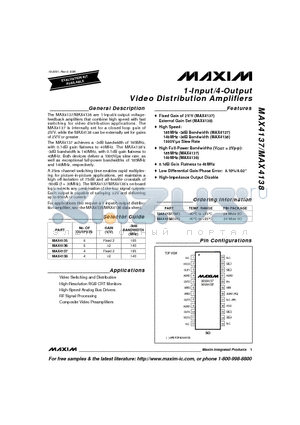 MAX4135 datasheet - 1-Input/4-Output Video Distribution Amplifiers