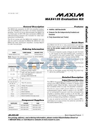 MAX4135 datasheet - RF-style connectors (SMA) and 75Y terminating resistors are included for video test to order free samples