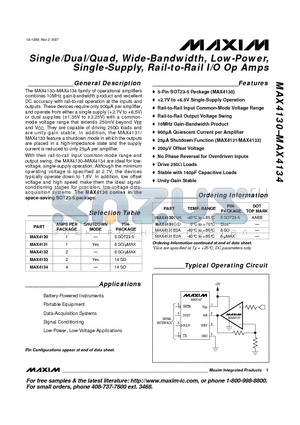 MAX4130 datasheet - Single/Dual/Quad, Wide-Bandwidth, Low-Power, Single-Supply, Rail-to-Rail I/O Op Amps