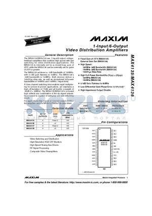 MAX4138 datasheet - 1-Input/6-Output Video Distribution Amplifiers