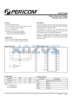 PI3VT3245L datasheet - 8-Bit, 2-Port, Low Voltage Translator Bus SWITCH