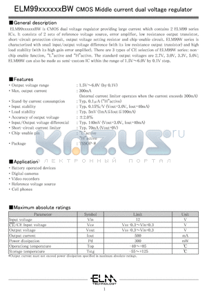 ELM99271302BW-N datasheet - CMOS Middle current dual voltage regulator