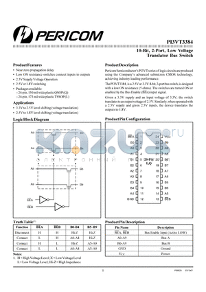 PI3VT3384L datasheet - 10-Bit, 2-Port, Low Voltage Translator Bus Switch