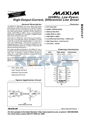 MAX4147 datasheet - 300MHz, Low-Power, High-Output-Current, Differential Line Driver