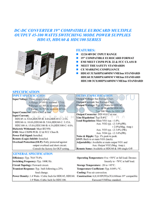 HDU100-C-D033E datasheet - DC-DC CONVERTER 19 COMPATIBLE EUROCARD MULTIPLEV OUTPUT 45-100 WATTS SWITCHING MODE POWER SUPPLIES HDU45, HDU60 AND HDU100 SERIES