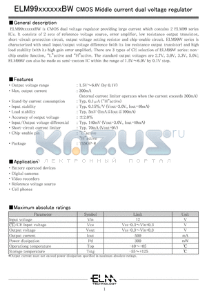 ELM99271501BW-S datasheet - CMOS Middle current dual voltage regulator
