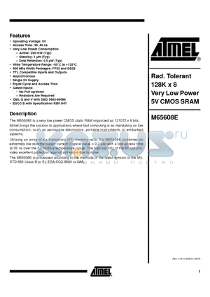 MMC9-65608EV-45 datasheet - Rad. Tolerant 128K x 8 Very Low Power 5V CMOS SRAM