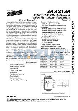 MAX4159EEE datasheet - 350MHz/250MHz, 2-Channel Video Multiplexer-Amplifiers