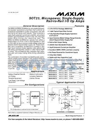 MAX4162EUK datasheet - SOT23, Micropower, Single-Supply, Rail-to-Rail I/O Op Amps