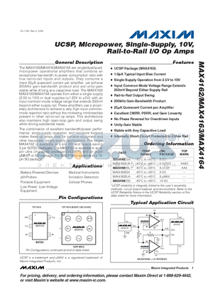 MAX4162EUK-T datasheet - UCSP, Micropower, Single-Supply, 10V, Rail-to-Rail I/O Op Amps